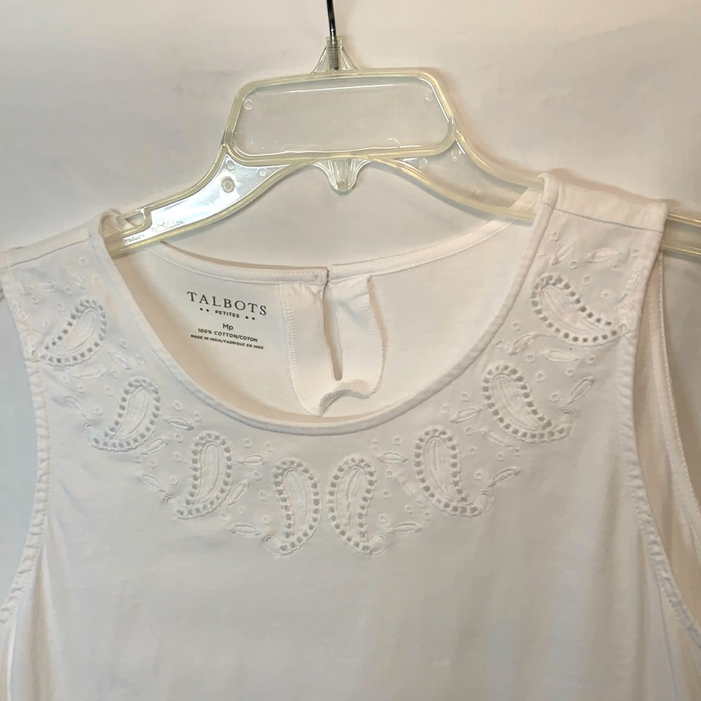 Talbots Paisley Cutout White 100% Cotton Tank Medium Petite Summer Resortwear
